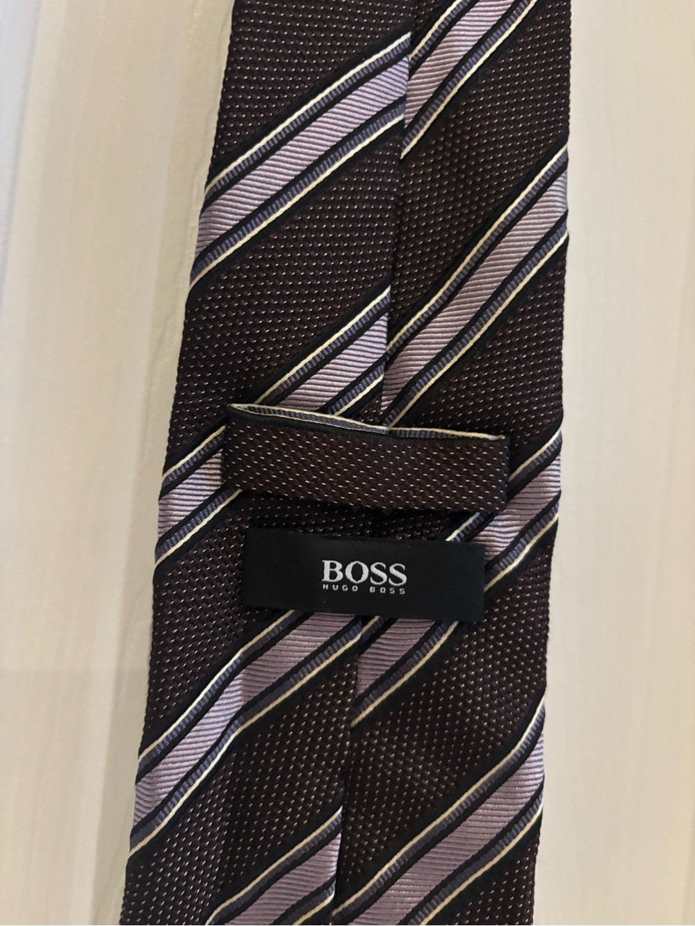 Hugo Boss Brown Tie with Lilac and Cream Stripes